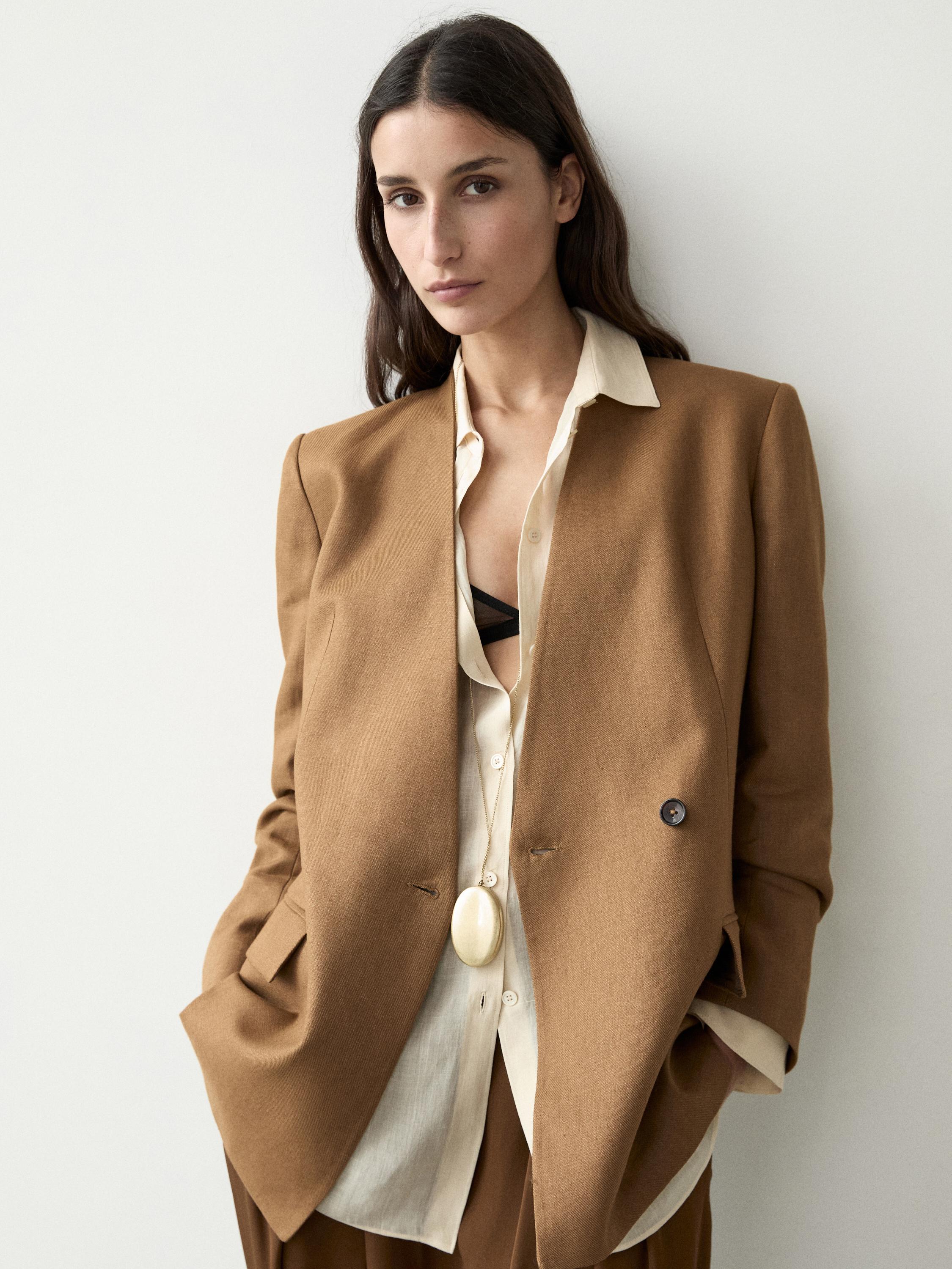 100% linen lapelless double-breasted blazer